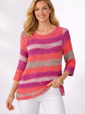 Chico's Open Knit Stripe
Sweater Size 2 (Large)
Asymmetrical Hem
Lightweight